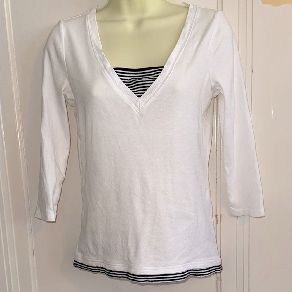 Ralph Lauren Nautical Look White & Dark Navy Cotton Knit‎ Top -3/4 Sleeve Blouse